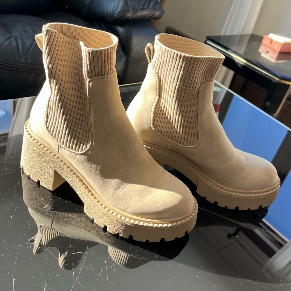Madden Girl Cream Ankle Boots with Chunky Sole and Block Heel